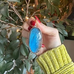 Large Labradorite Blue Flash Statement Pendant - Sterling Silver Plated
